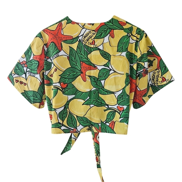 Alessandro Enriquez Lemon Print Short Sleeve Front Tie Blouse IT 42 - Picture 3 of 9